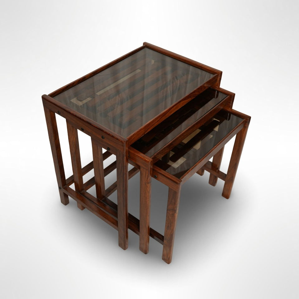 Dark Wood Nesting Tables – Set of 3 Space-Saving Stacking Tables with Glass Top