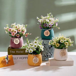 Artificial Daisy Flower Arrangement in Ceramic Pot – "Home Sweet Home" Décor