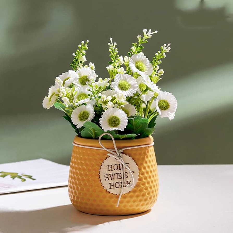Artificial Daisy Flower Arrangement in Ceramic Pot – "Home Sweet Home" Décor