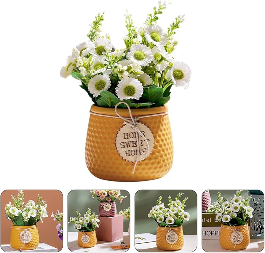 Artificial Daisy Flower Arrangement in Ceramic Pot – "Home Sweet Home" Décor