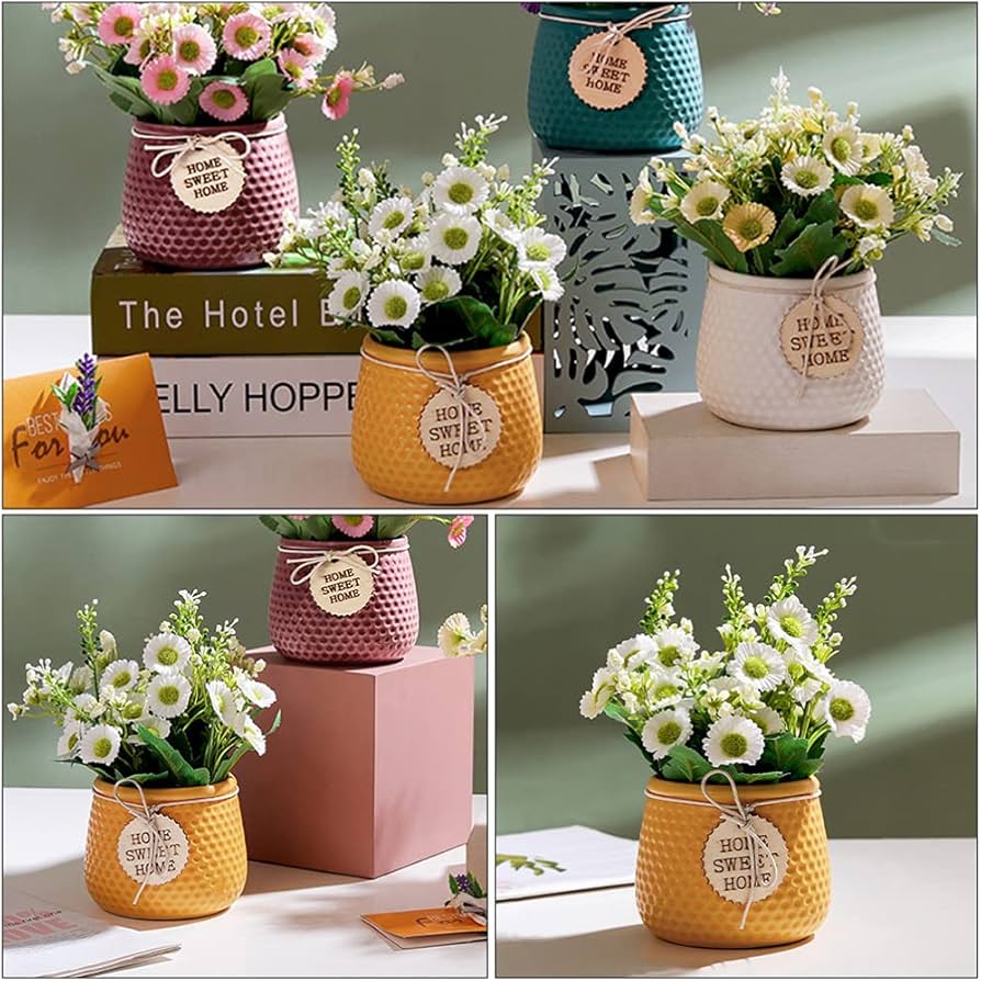 Artificial Daisy Flower Arrangement in Ceramic Pot – "Home Sweet Home" Décor