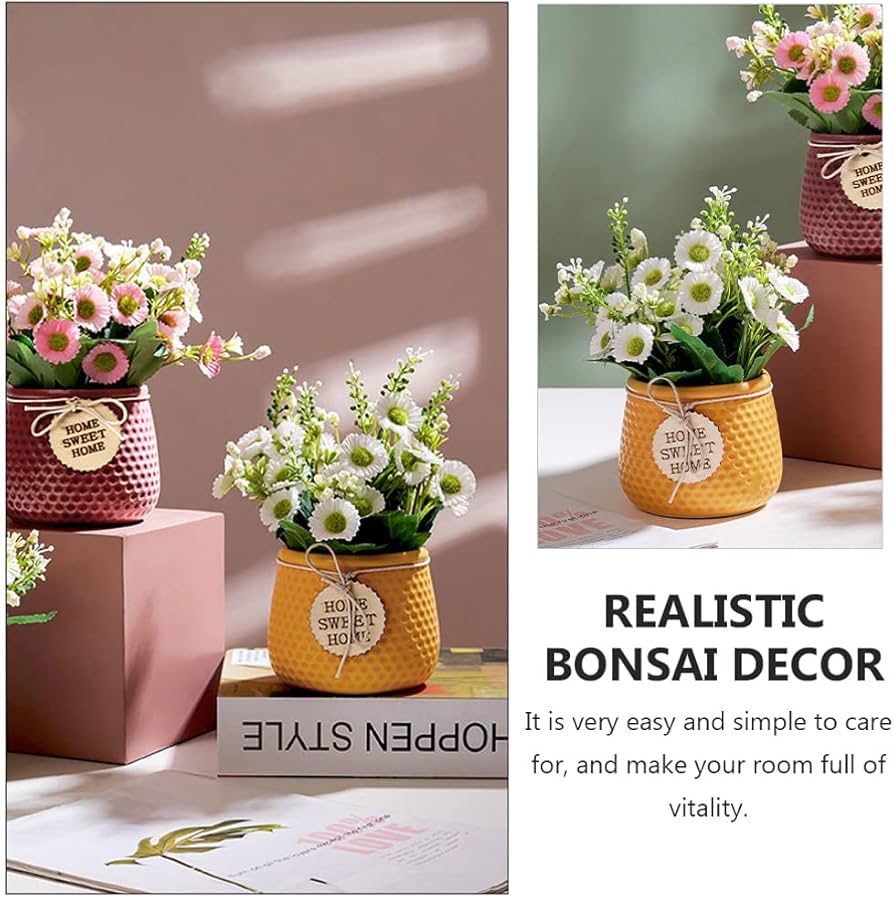 Artificial Daisy Flower Arrangement in Ceramic Pot – "Home Sweet Home" Décor