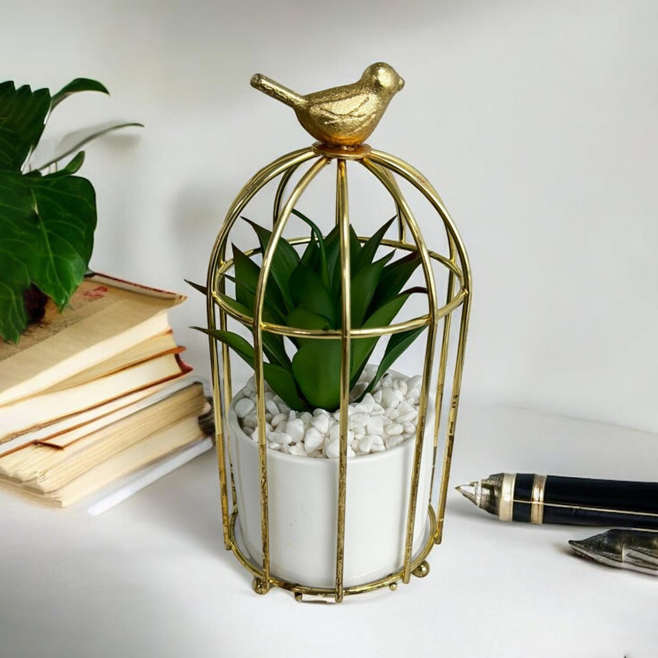 Nordic Gold Birdcage Ceramic Vase – Elegant Hydroponic Planter