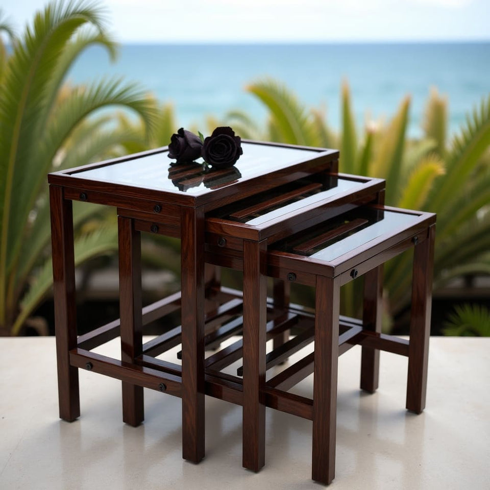Dark Wood Nesting Tables – Set of 3 Space-Saving Stacking Tables with Glass Top
