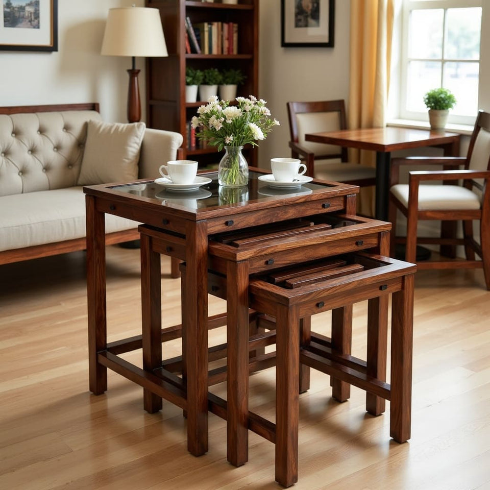 Dark Wood Nesting Tables – Set of 3 Space-Saving Stacking Tables with Glass Top